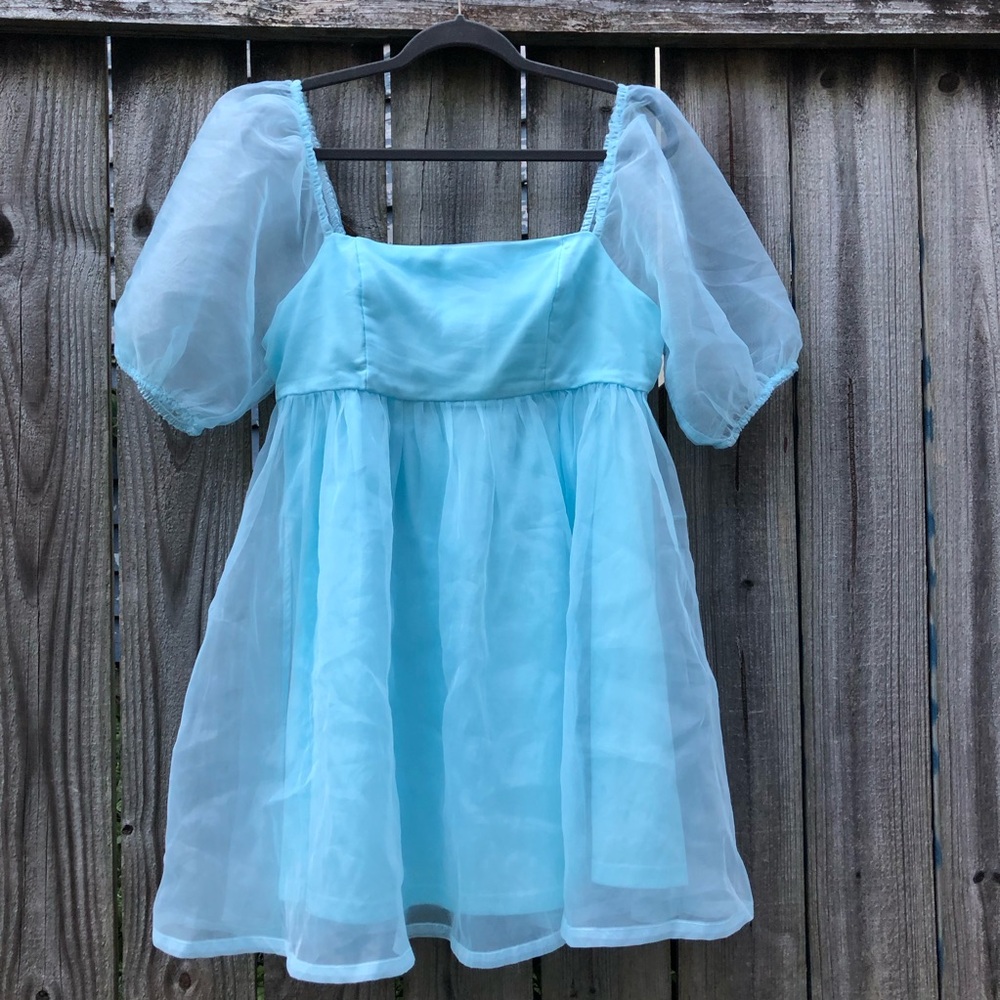 TCEC Puff Sleeve Babydoll Dress Size L Light Blue Sheer